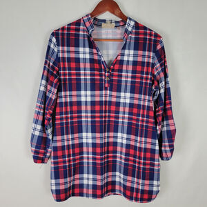 Cupcake Cafe Maternity Shirt Womens‎ Medium Red Popover Top Plaid Split Neck